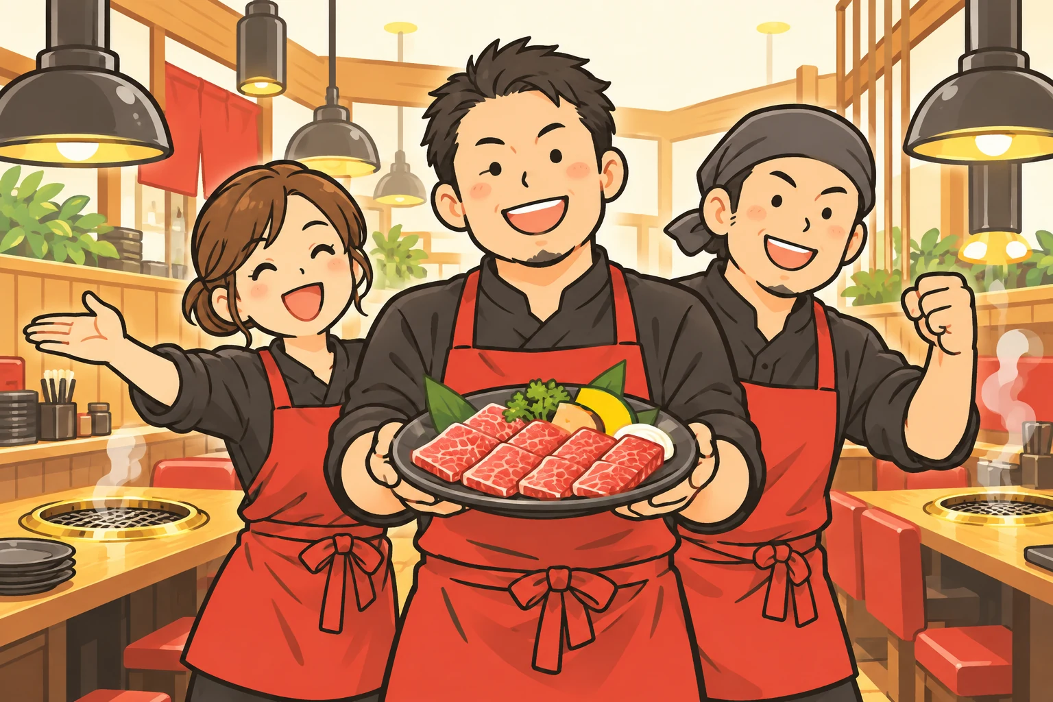 笑顔で焼肉の皿を持つ店長と、隣に立つ仲間たちのイラスト