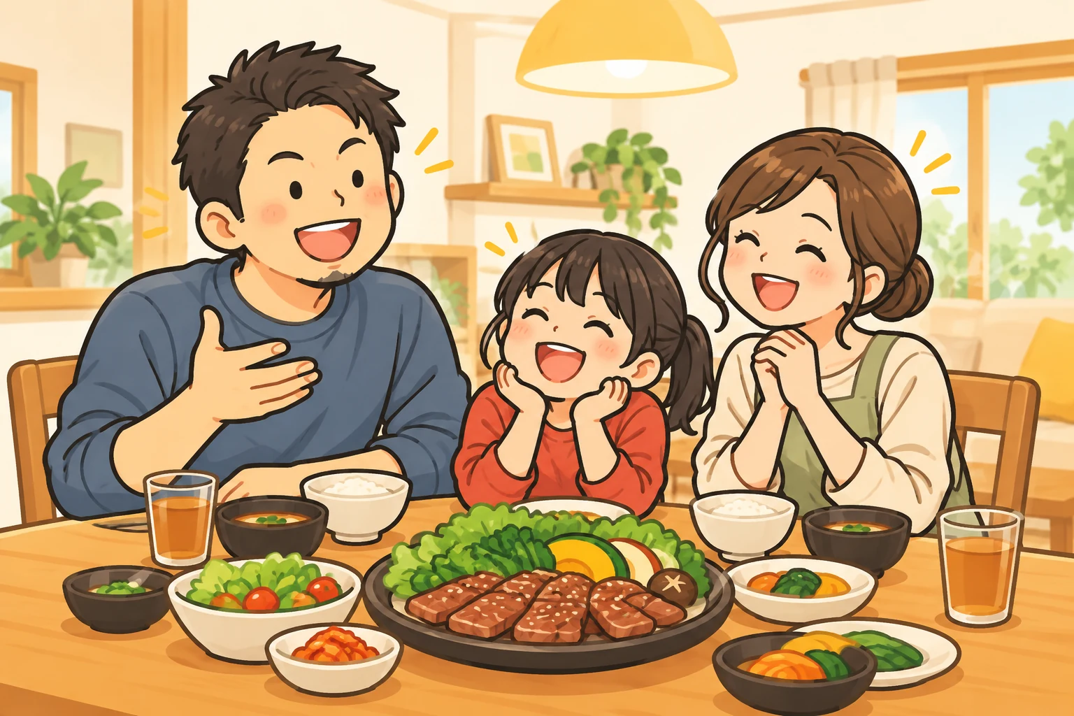 家族3人が食卓を囲み、笑顔で話すイラスト
