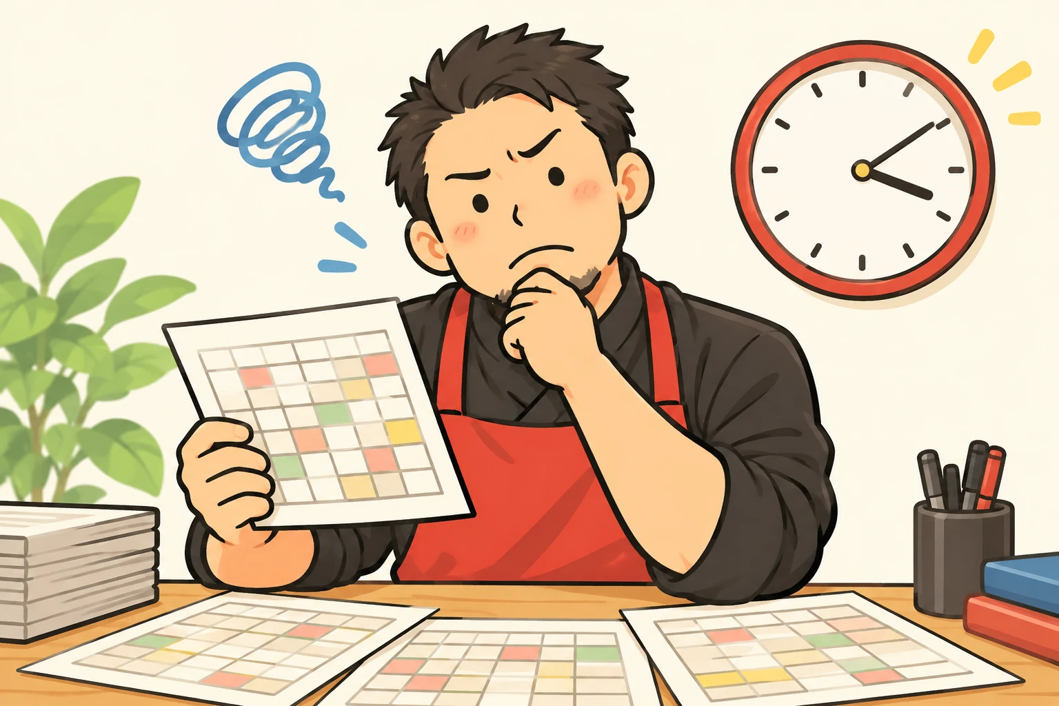 シフト表と時計を見て、働き方について考える店長のイラスト