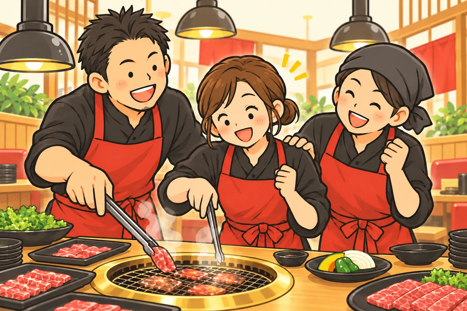 同僚と一緒に若いスタッフを育てる、温かい店内のイラスト