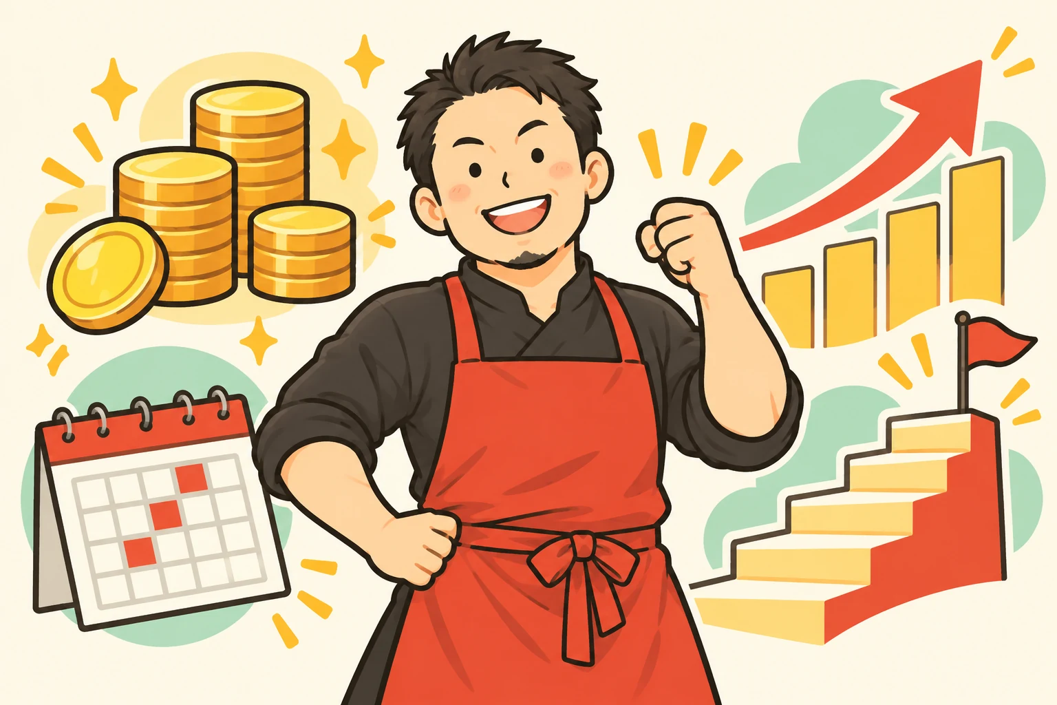 店長の経験とキャリアアップを、カレンダーやコインで表したイラスト