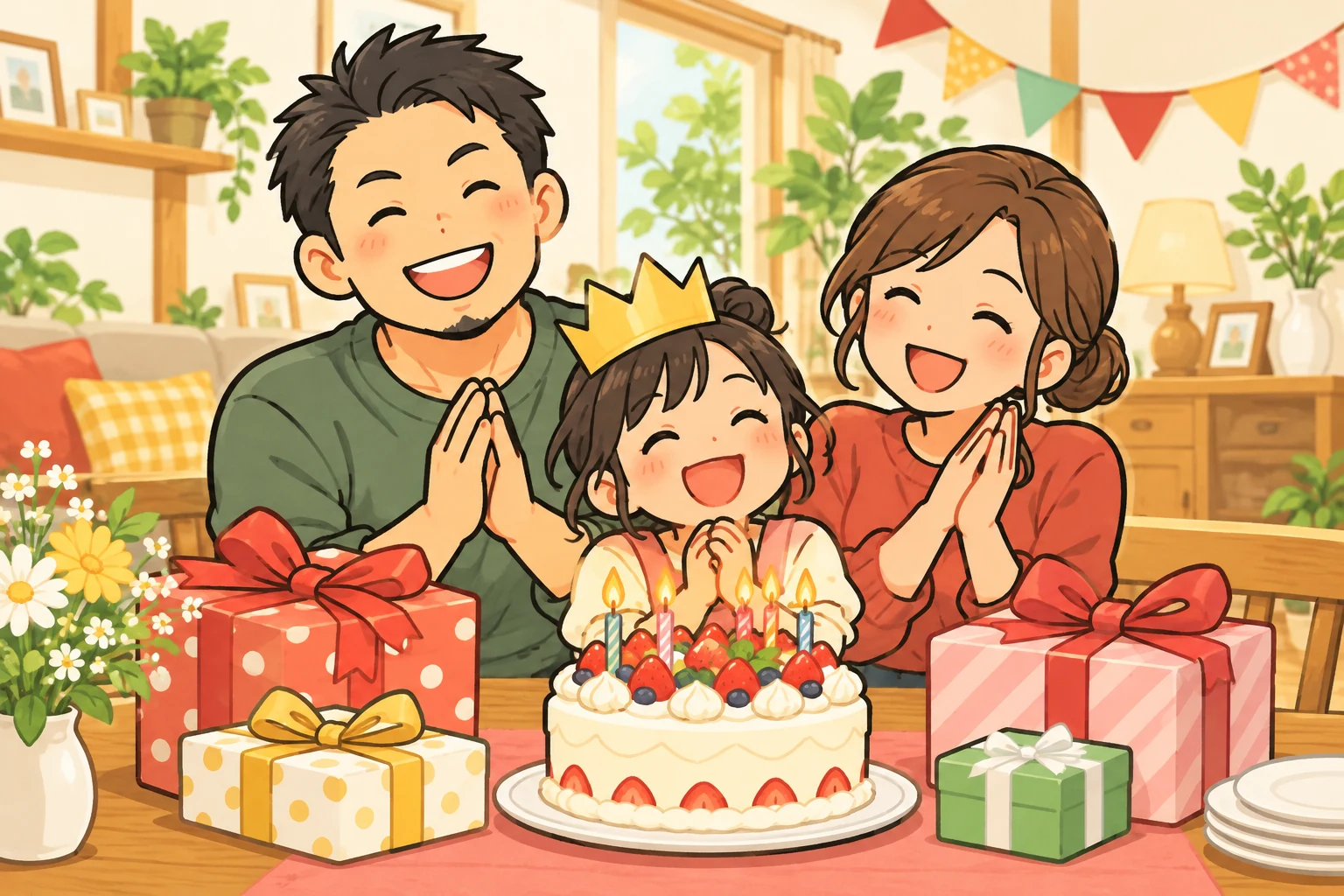 誕生日のケーキと贈り物を囲む家族のイラスト