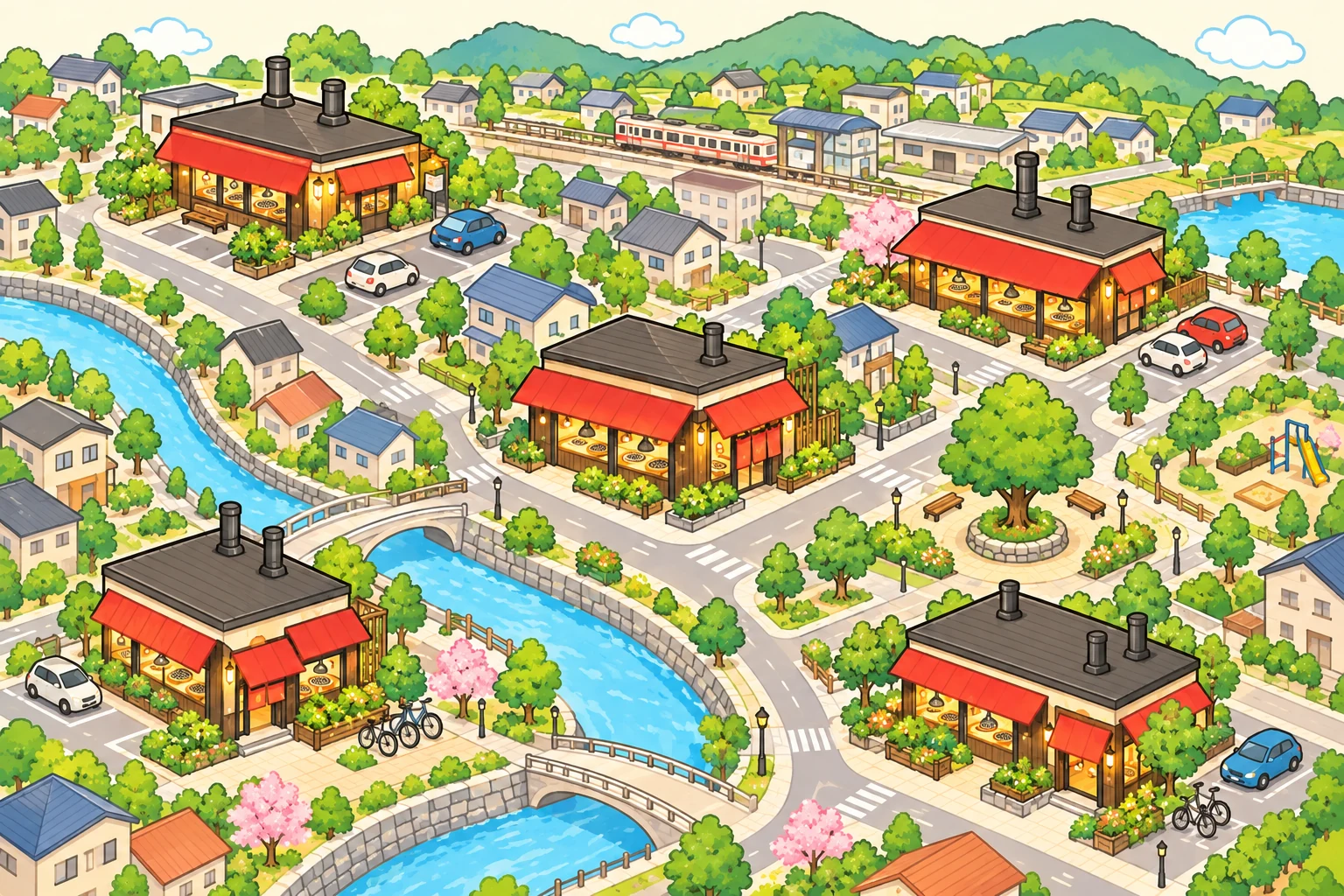 自宅と焼肉店が並ぶ、緑のある街のイメージイラスト。実際の地図ではありません