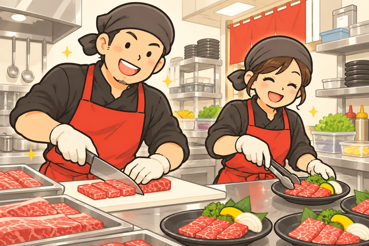 清潔な厨房で、仲間と一緒に仕込みをするスタッフのイラスト