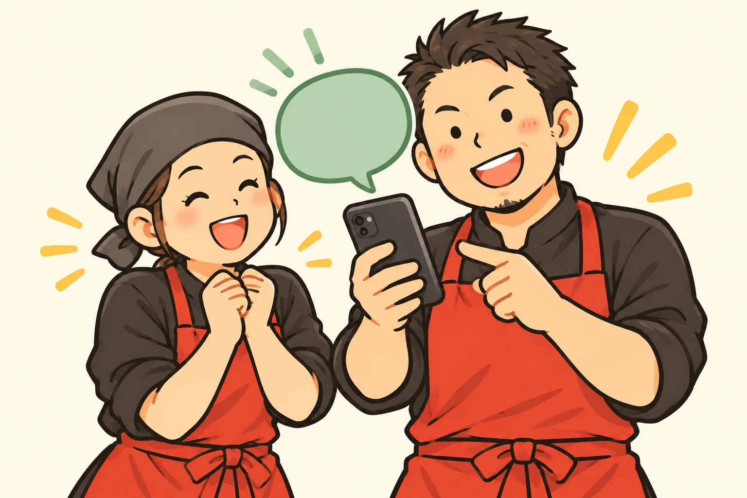 スマートフォンで相談する店長と、笑顔で話を聞くスタッフのイラスト